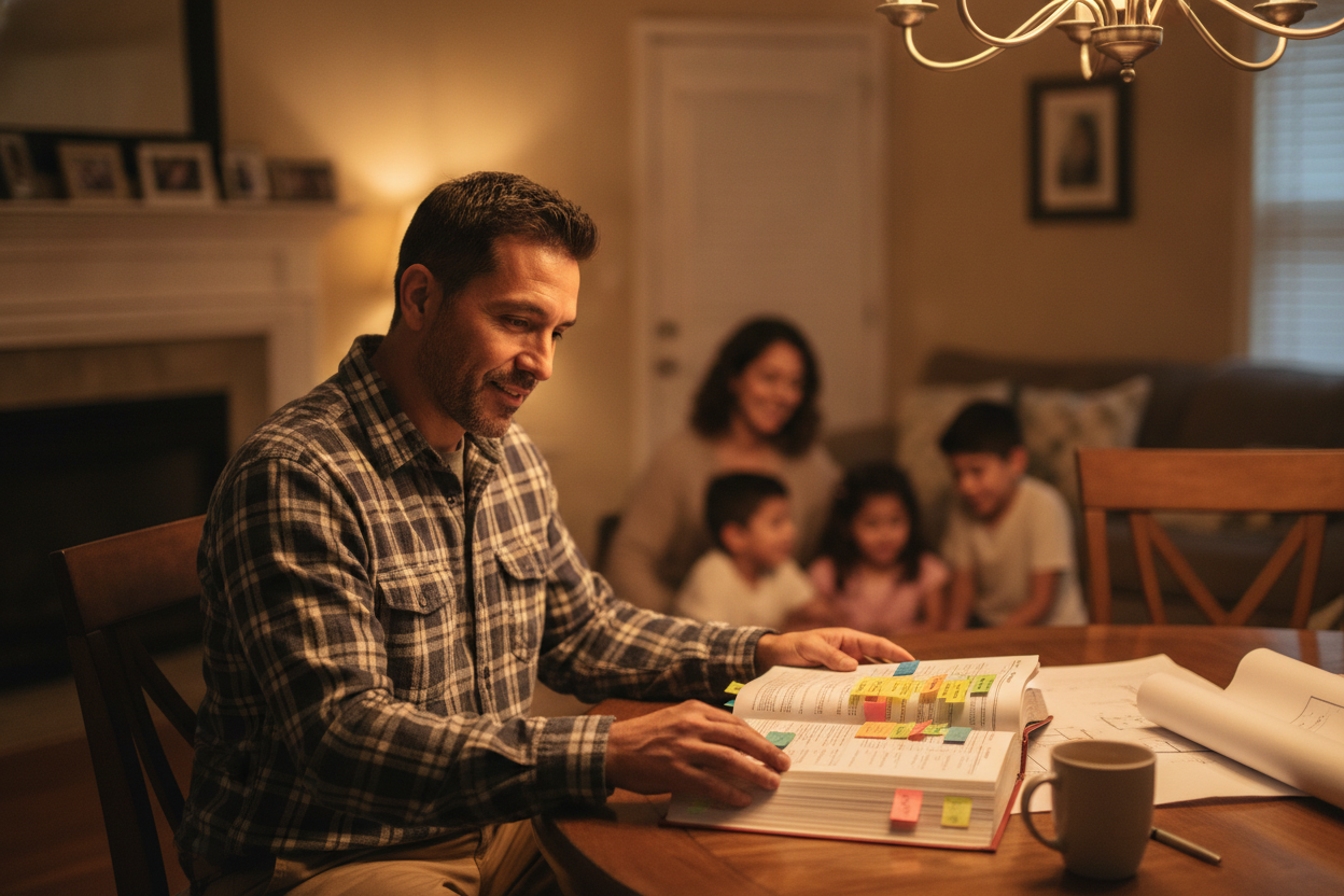 Contratista estudiando sus libros de referencia con pestañas en la mesa de casa, con su familia al fondo