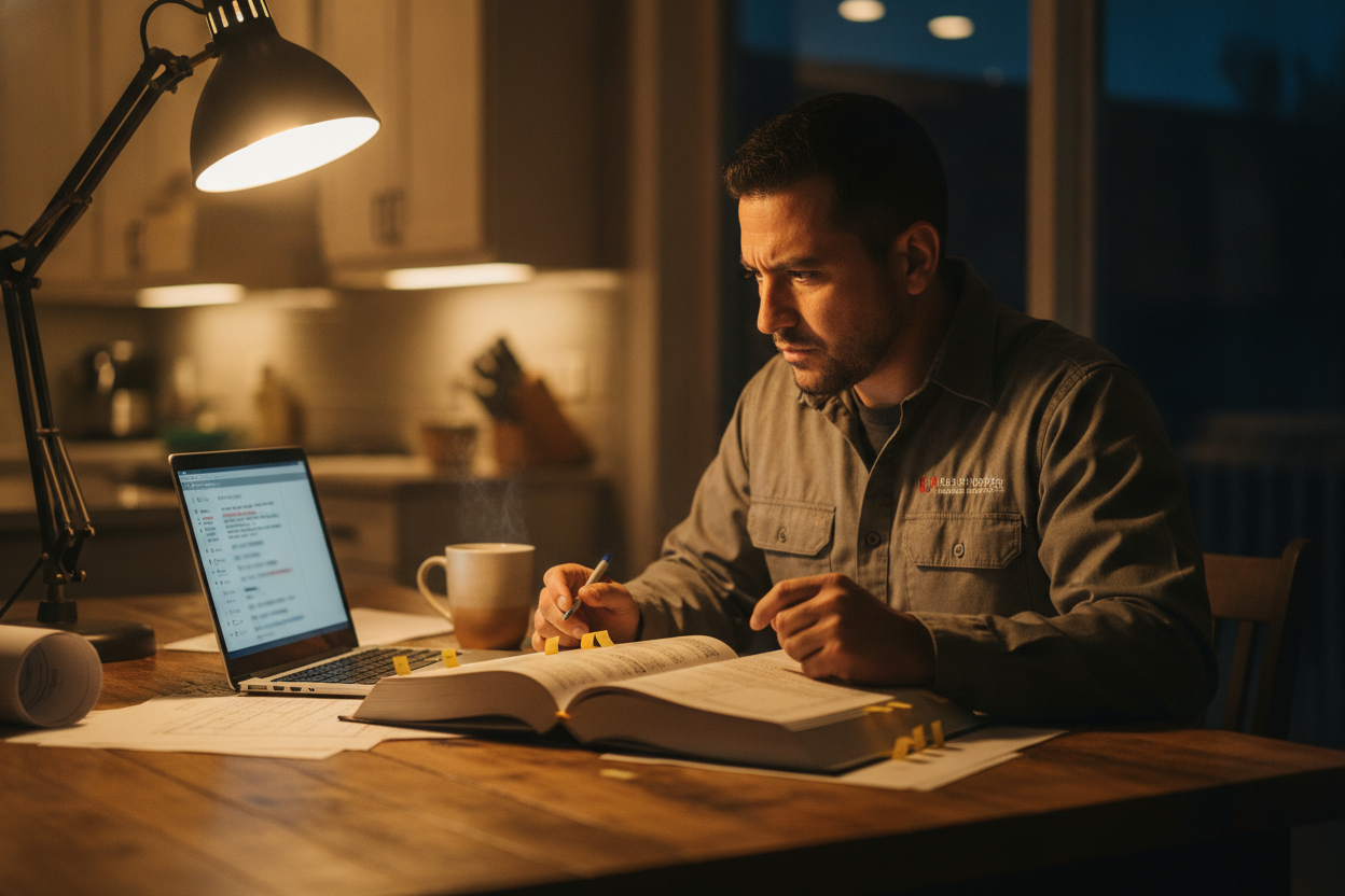 Contractor at a desk drilling timed lookups in a tabbed reference book