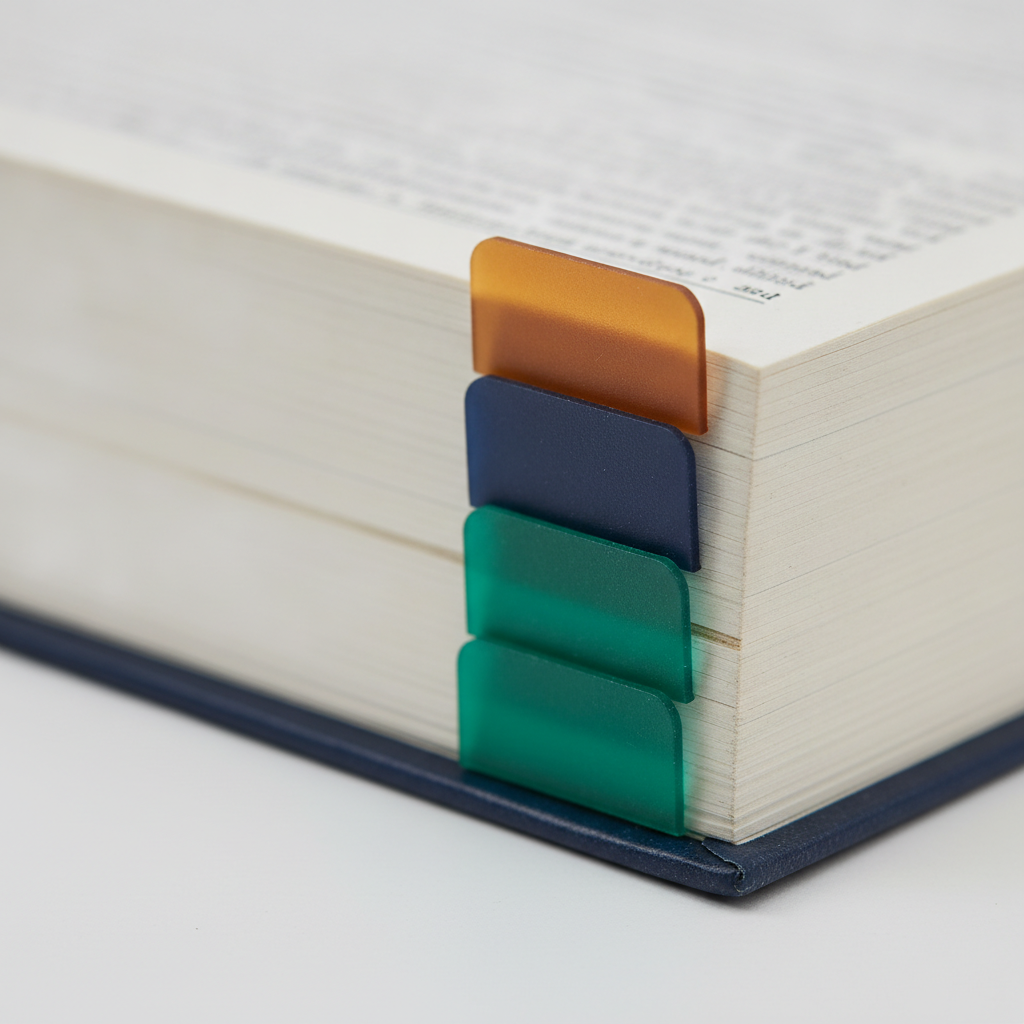 Close-up of permanent, DBPR-compliant tabs lined up along the page edge of a reference book